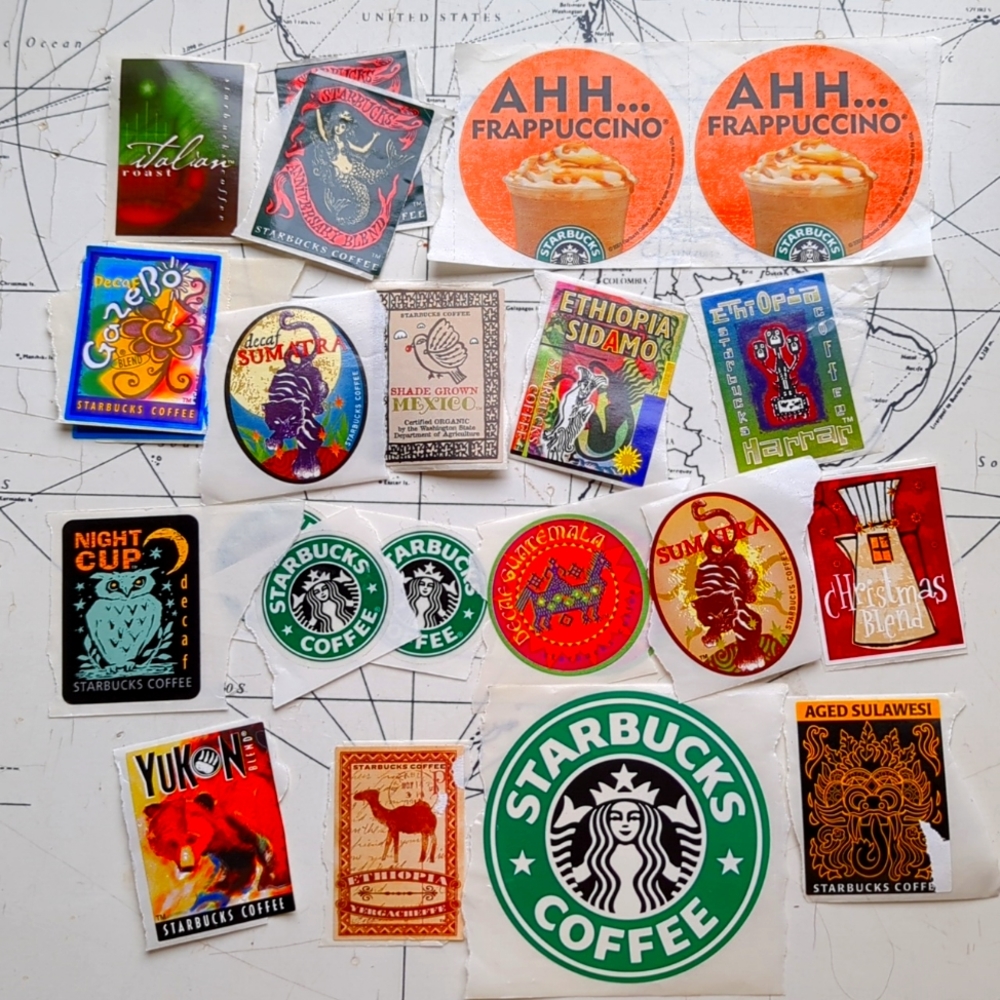 Collection of 22 vintage Starbucks coffee stickers and labels from 2000